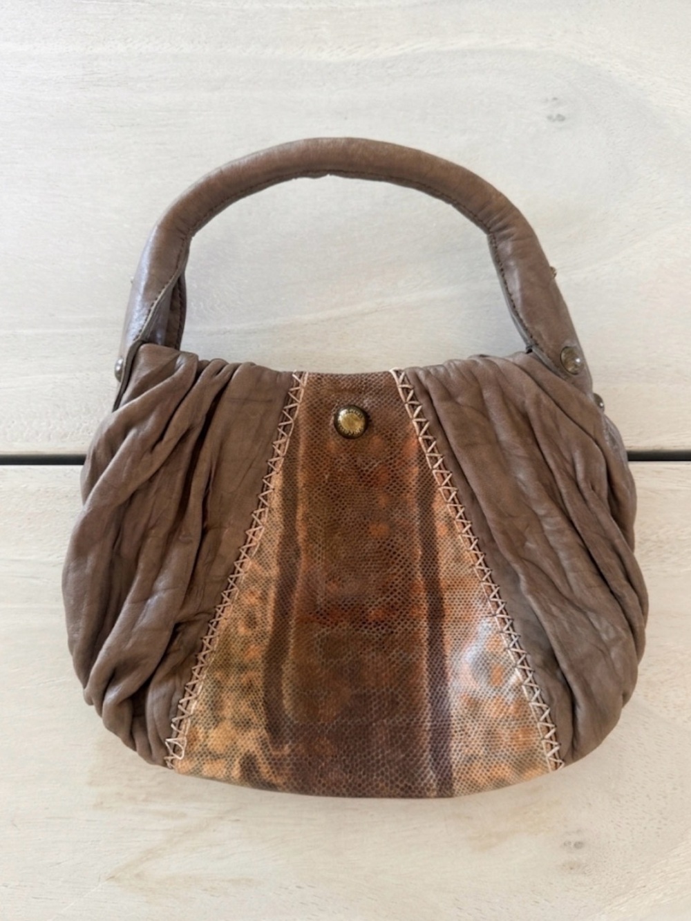 TRE VERO Vintage Genuine Leather & Snakeskin Slouchy Hobo Bag - Brown/Tan
